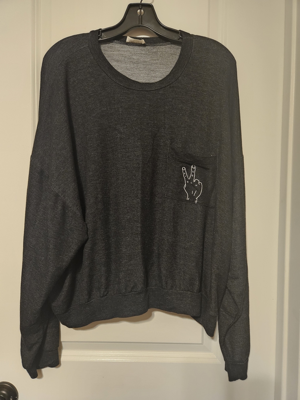 Cozy Dark Gray Crewneck Sweater with Pocket Peace Sign